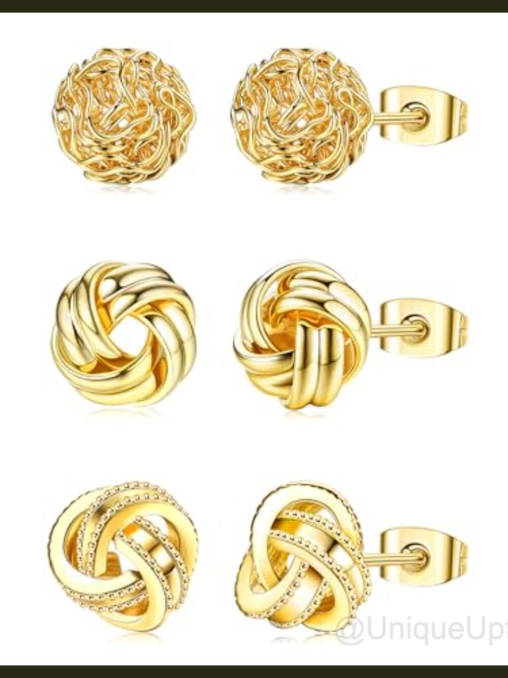 14k Gold Plated Knot Stud Earrings Hypoallergenic Lightweight 3 Pairs